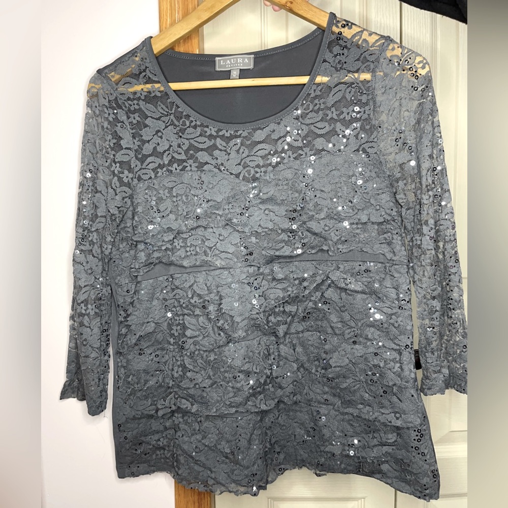 Laura Petite Grey with Silver Metallic Sequence Detailing Lace Ruffles